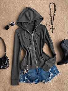 Attitoon Women's Wing Pattern Casual Daily Hooded Sweatshirt - Dark Grey - View 2