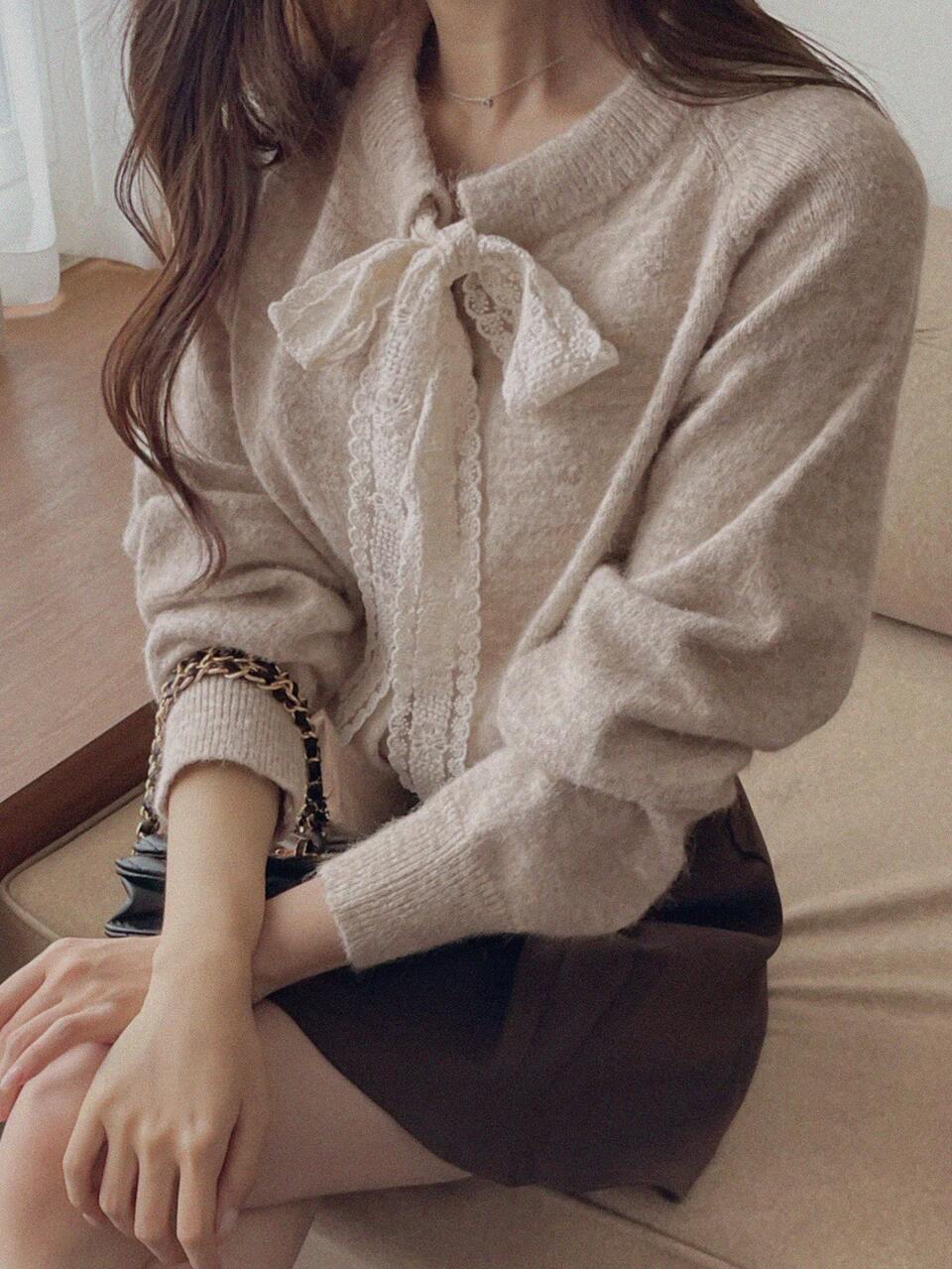 Women's Lace Trim Tie Loose Long Sleeve Round Neck Casual Vacation Autumn/Winter Knit Cardigan