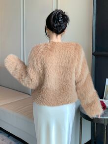 DAZY Pink Plush Faux Fur Jacket With Pearl Button Decor, Loose Short Long Sleeve Sweet Style - Khaki - View 2