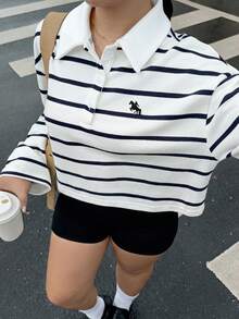 Muchica Plus Size Button Half-Placket Embroidered Striped Long Sleeve Sweatshirt - Black and White - View 3