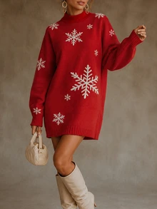 SHEIN Women's Autumn/Winter Casual Loose Straight High Neck Christmas Snowflake Pattern Long Sleeve Knit Dress - Red - View 4
