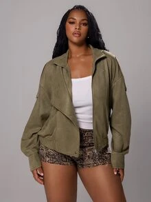 Rustia Plus Size Suede Zipper Motorcycle Style Jacket, Autumn/Winter Fall - Army Green - View 4