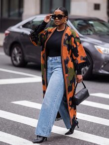Slaydiva Plus Size Women's Knit Kimono, Camo Color Block Fringe Trim Long Plus Size Knit Wrap Coat Fall - Multicolor - View 11
