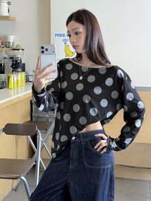 K-Vae 大尺碼女款波點休閒百搭日常穿搭T恤 - 黑色 - 查看 7