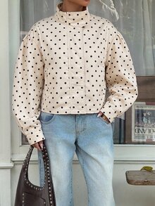 SHEIN EZwear 女款波點圖案長袖拉鍊休閒夾克 - 杏色 - 查看 4