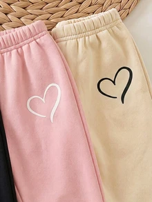 SHEIN 女嬰秋冬可愛 3 件組愛心圖案長褲 - 藕粉色 - 查看 4