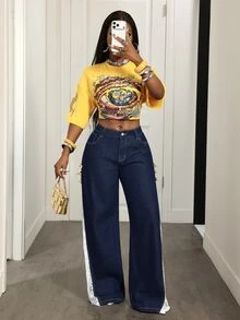 Slaydiva Women's Denim Frog Button Lace Wide Leg Jeans - Blue - View 6