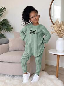 Bộ 2 món áo thun gân vai trễ họa tiết "Smile" và quần legging thời trang casual cho bé gái, màu hồng, set đồ gân thoải mái mùa thu cho bé gái, bộ đồ thể thao cho bé gái - Màu xanh Bạc hà - Xem 5