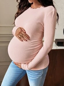 SHEIN 孕婦休閒純色長袖T恤，適合秋季 - 粉色 - 查看 3