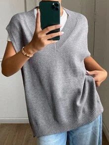 Livesso Women's Solid Color V-Neck Casual Versatile Knit Vest Fall - Grey - View 5