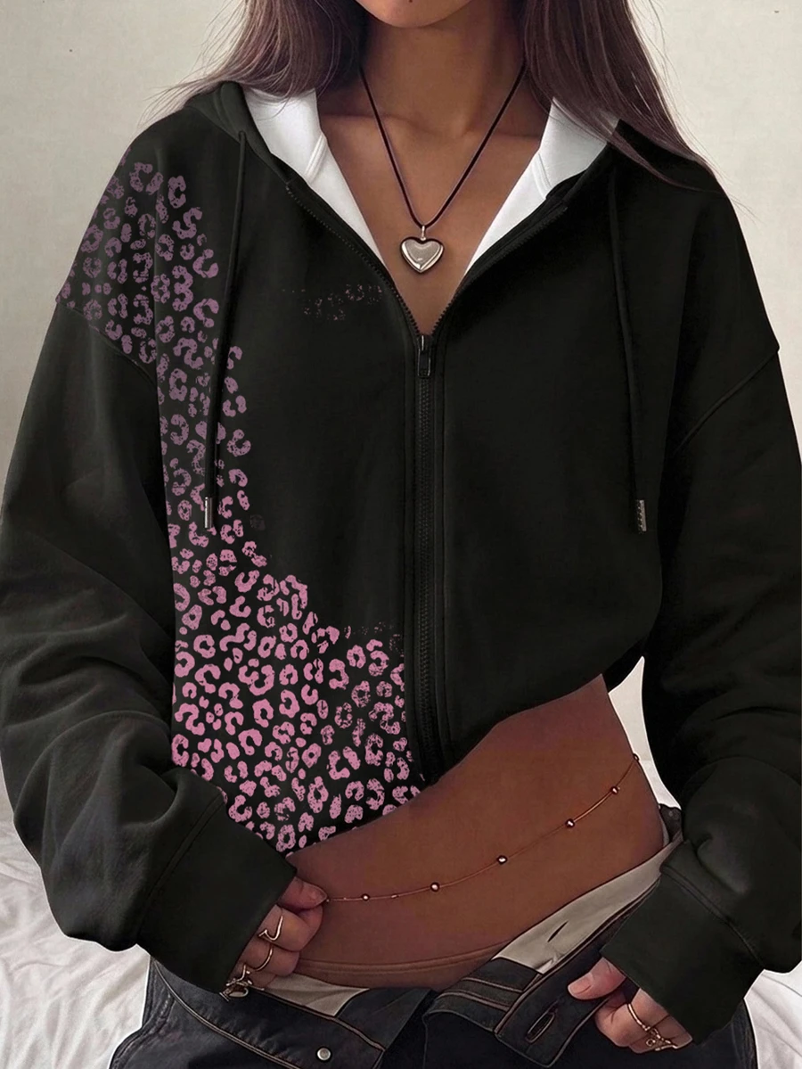 SHEIN EZwear سويت شيرت نسائي بطبعة نمر بأكمام طويلة وأكتاف منسدلة وسحاب وأغطية رأس مع حبل شد - متعدد الألوان - مشاهدة 1