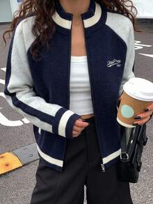 Strévra Women's Letter Pattern Colorblock Casual Everyday Cardigan - Navy Blue - View 1