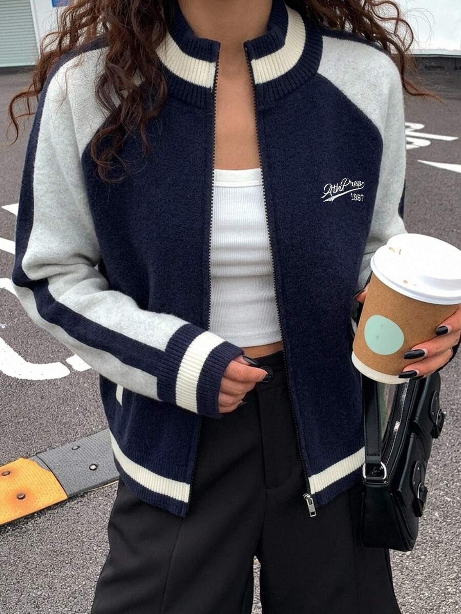 Strévra Women's Letter Pattern Colorblock Casual Everyday Cardigan - Navy Blue - View 1