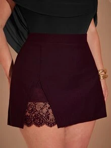 SHEIN BAE CURVE 大尺碼女款蕾絲拼接休閒百搭迷你裙 - 紫紅色 - 查看 5