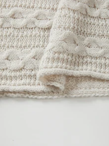SHEIN This Off-White Turtleneck Poncho Features Intricate Cable Knit Stitching All Over. Loose Relaxed Cut - Apricot - View 4