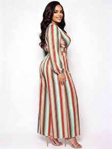 Poshavie Poshavie طقم نسائي مقاس كبير بياقة على شكل حرف V للاستخدام اليومي والعطلات - مناسب للارتداء في الصيف والخريف - بني - مشاهدة 2