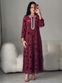 Yasmyna Women's Elegant Floral Flocked Arabian Dress - Red - View 6