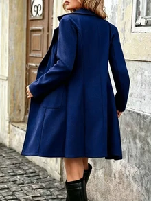 SHEIN 女款冬季羊毛混紡純色中長版大衣，缺口領雙排扣防寒外套 - 藍色 - 查看 2