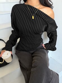 Siren Gaze 女款條紋不對稱單肩長袖時尚上衣 - 黑色 - 查看 2