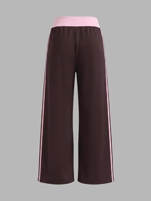 Teen Girl Side Stripe Wide Leg Loose Casual Sweatpants - Coffee Brown - View 2