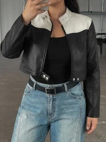 Dazy Plus Cropped Patchwork Contrast Color Motorcycle Street Casual Spring Autumn Jacket - Black - View 3