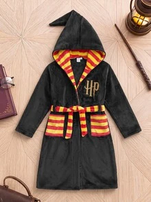 PrepCrw HARRY POTTER X SHEIN Tween Boy Embroidered Striped Kids Colorblock Pocket Hooded Lounge Autumn Jacket - Black - View 1