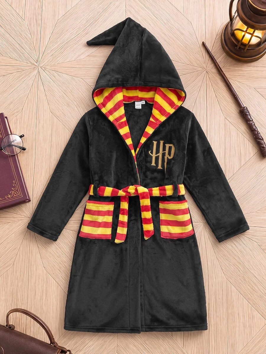 PrepCrw HARRY POTTER X SHEIN Tween Boy Embroidered Striped Kids Colorblock Pocket Hooded Lounge Autumn Jacket - Black - View 1