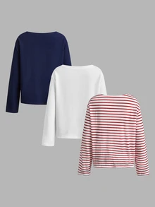 SHEIN EZwear 3件裝厚款船領T恤，海軍藍/白色/條紋，秋季上衣，適合日常通勤、派對、秋冬春夏、聖誕節、新年、感恩節、婚禮、海灘、畢業典禮、優雅、外出、約會、通勤、情人節、度假、Y2K、畢業典禮等場合 - 彩色 - 查看 2