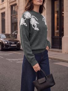 Velvienne Women's Autumn/Winter New Plus Size Crew Neck Embroidered Unique Design French Lazy Style Casual Versatile Date Commute Fitted Long Sleeve Knit Pullover Sweater - Grey - View 6