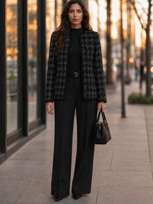 Balvessa Women's Round Neck Plaid Tweed Open Front Long Sleeve Jacket - Black - View 4