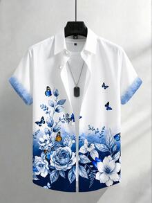 Manfinity Homme 男士大尺碼花卉蝴蝶印花短袖襯衫，休閒百搭日常襯衫 - 白色 - 查看 1