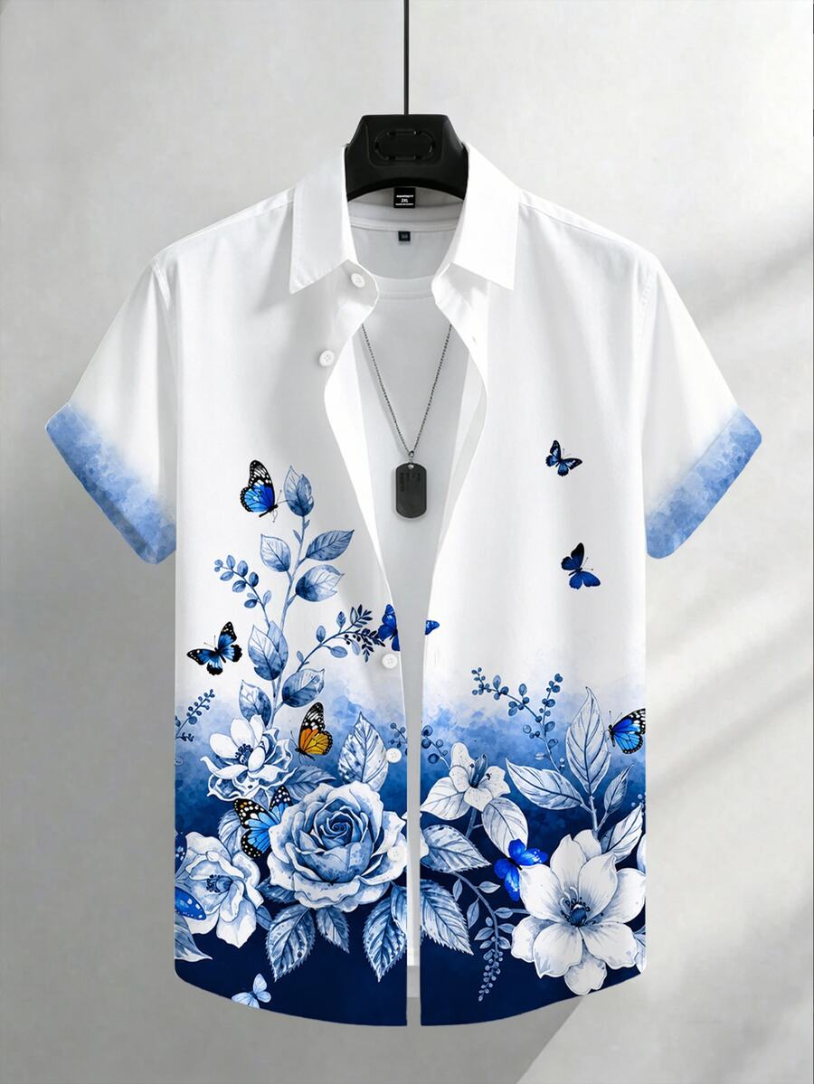 Manfinity Homme 男士大尺碼花卉蝴蝶印花短袖襯衫,休閒百搭日常襯衫 - 白色 - 查看 1