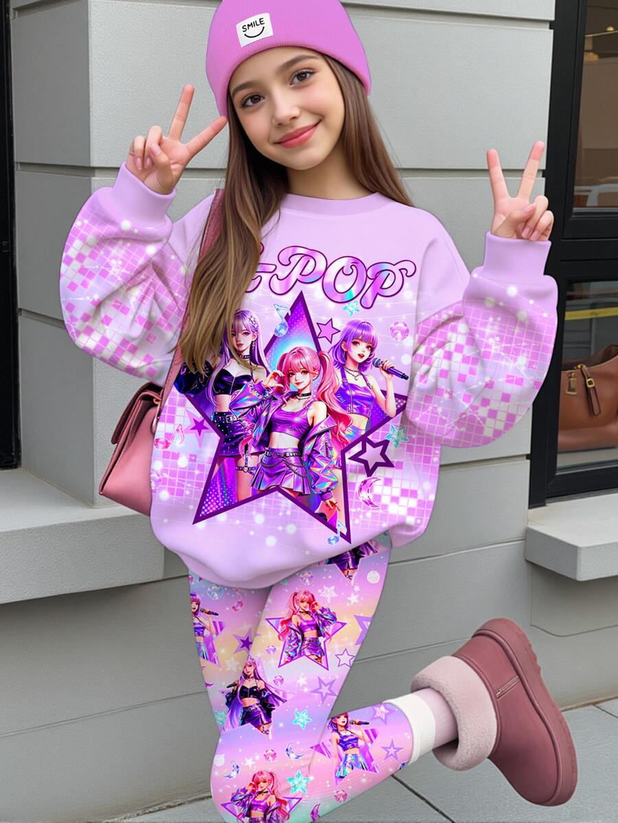 SHEIN Tween女孩休閒圓領長袖運動衫與內搭褲2件套,櫻桃圖案,適合秋冬 - 彩色 - 查看 1