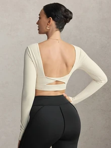 Activina Women's Solid Color Back Cutout Design Long Sleeve Sports T-Shirt - White - View 1