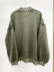 SHEIN LUNE 女款拼色休閒百搭日常穿著長袖針織衫 - 軍綠色 - 查看 2