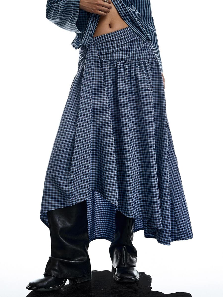 LYSMO Women's Plaid Asymmetrical Skirt, Check Skirt, Business Professional Women, Festival Outfits, Saudi National Day, Going Out, Asymmetrical Design - Blue - View 1