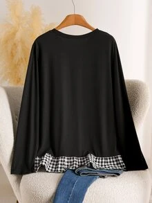 CosyJoli Plus Size Women's Round Neck Long Sleeve Patchwork Plaid Ruffle Hem Casual T-Shirt - Black and White - View 2