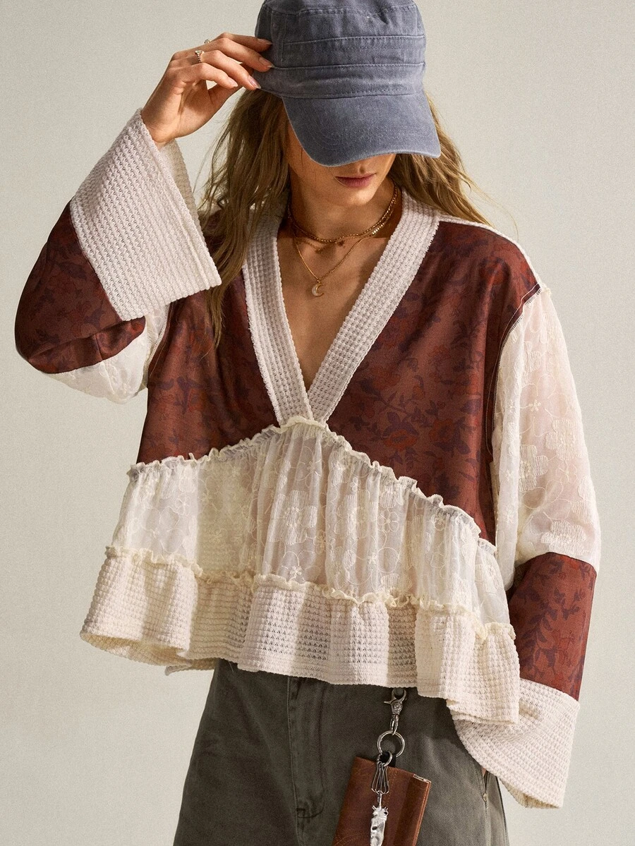 SHEIN Bohemian Style Colorblock Floral Pineapple Checkered V-Neck Long Sleeve Ruffle Hem Doll Blouse Top For Women - Apricot - View 1
