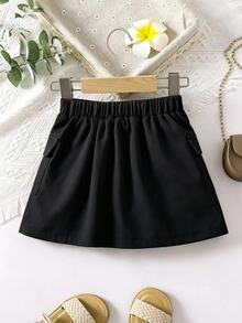 SHEIN Genkimix Kids 女童裙子，校園風，都市風，涼爽舒適，適合秋冬春夏，4-7歲女童百搭，適合外出、上學、度假、旅行，時尚百搭 - 黑色 - 查看 2