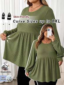 SHEIN CURVE+ Kaos Wanita Ukuran Besar Kasual dengan Detail Ribbed dan Rumbai di Bagian Bawah, Musim Gugur/Musim Dingin - Dark Green - View 8