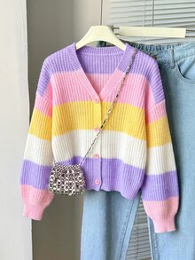 Elladie kids 女童彩虹色針織開襟毛衣上衣，秋冬款針織開襟衫 - 彩色 - 查看 1