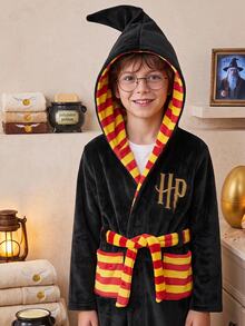 PrepCrw HARRY POTTER X SHEIN Tween Boy Embroidered Striped Kids Colorblock Pocket Hooded Lounge Autumn Jacket - Black - View 2