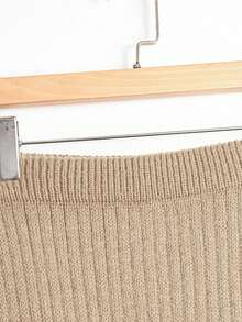 GlowEve Women's Solid Color Asymmetrical Hem Cropped Knit Top And Knit Skirt Set - Khaki - View 3
