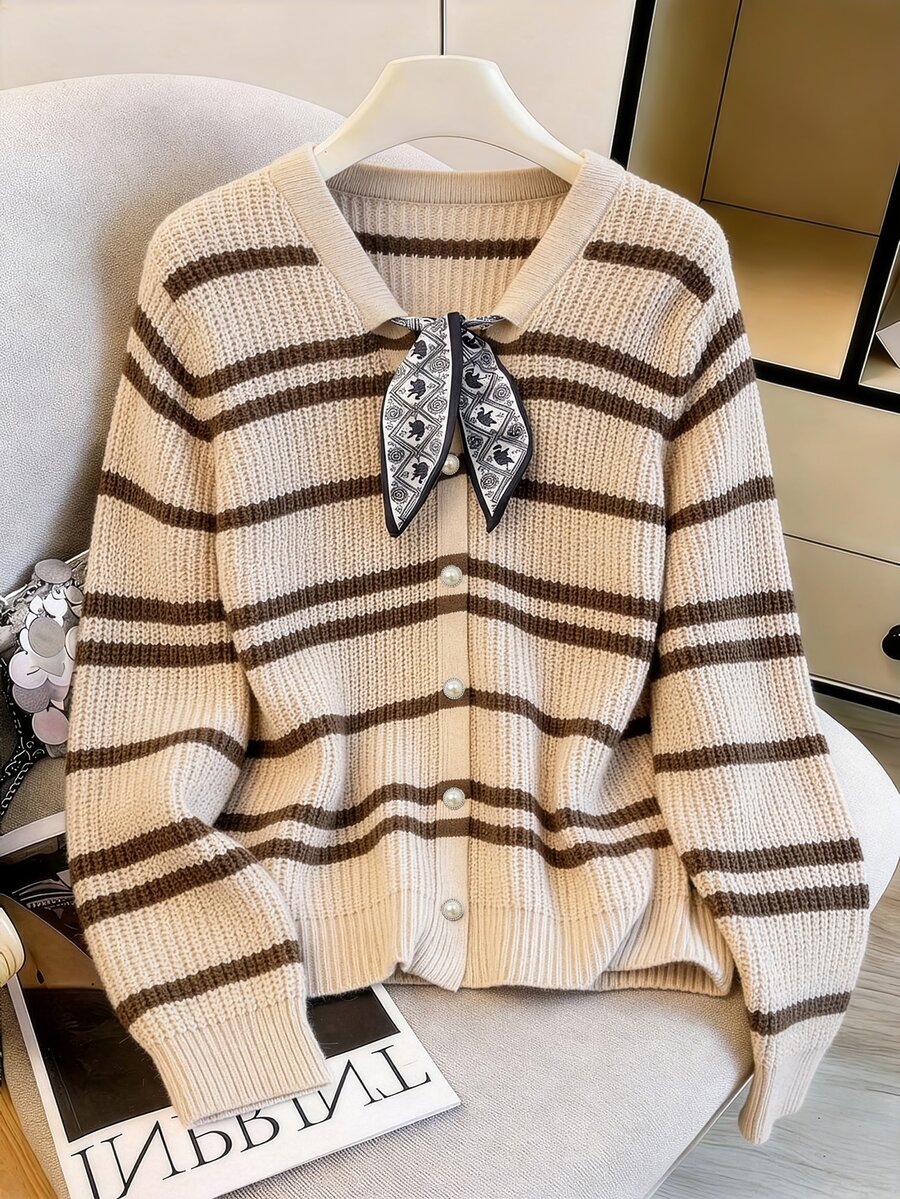 GlowEve CURVE Plus Size Women's Autumn/Winter Elegant Business Casual Beige Round Neck Cardigan With Ribbon And Buttons Office Party Formal Formal - Apricot - View 1