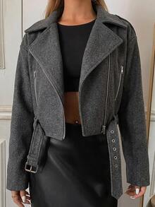 DAZY Loose Motorcycle PU Jacket For Women - Grey - View 4