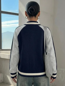 Strévra Women's Letter Pattern Colorblock Casual Everyday Cardigan - Navy Blue - View 2