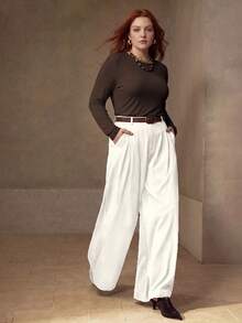 MOTF PREMIUM HIGH ELASTICITY SKIN-FRIENDLY SOLID COLOR ROUND NECK SLIM FIT FLATTERING FASHION LONG SLEEVE VERSATILE PLUS SIZE WOMEN'S BASE LAYER TOP - Coffee Brown - View 5