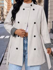 EMERY ROSE Plus Size Women's Casual Solid Color High Neck Raglan Long Sleeve Patchwork Plaid Cuff Double-Breasted Belted Regular Fit Trench Coat, Suitable For Autumn/Winter Commuting, Office And Street Wear - Apricot - View 3