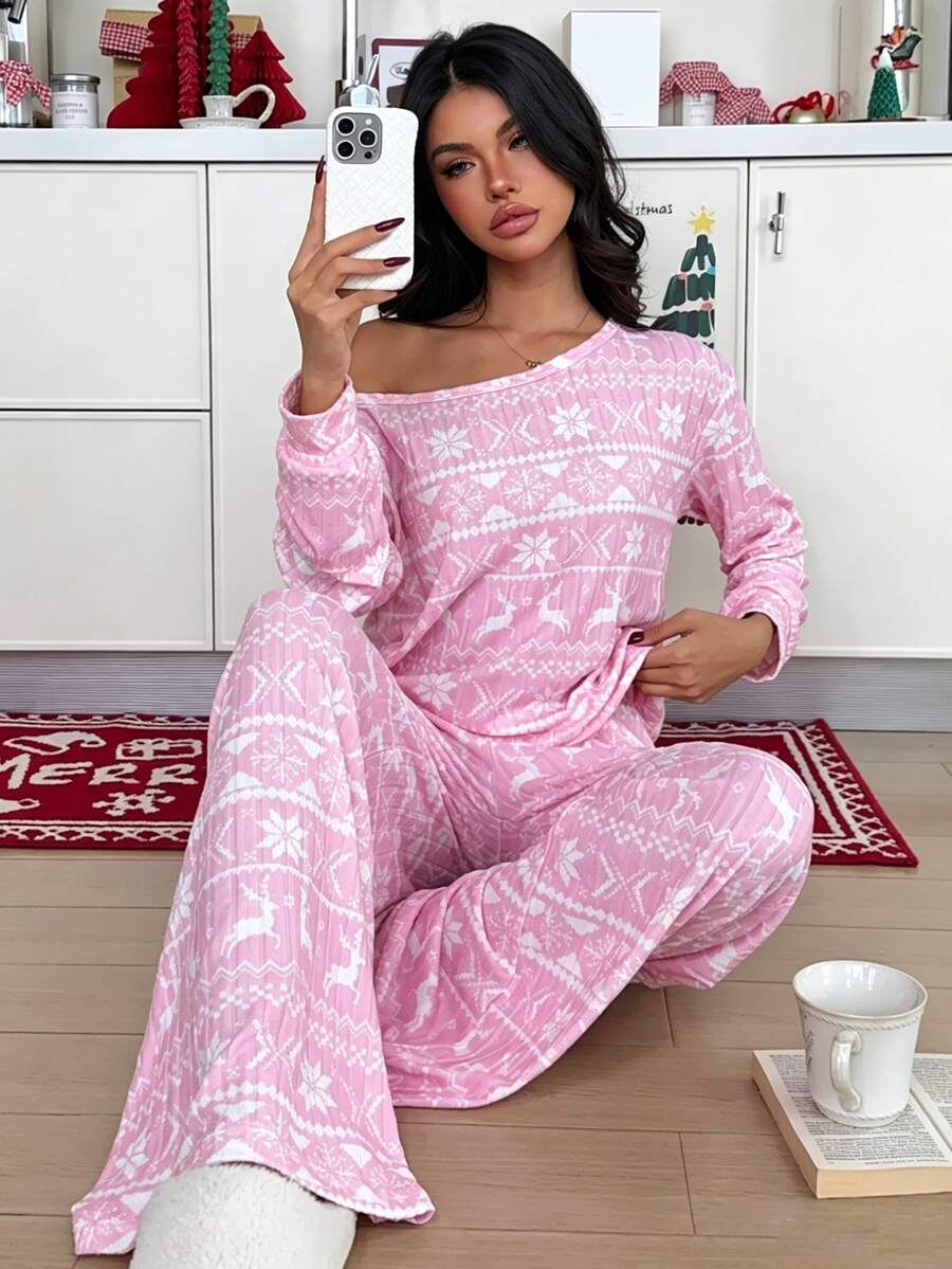 ZzzCrew Women's Romantic Christmas Pattern All-Over Print Fleece Ribbed Asymmetric-Shoulder Long Sleeve Wide Leg Pants Pajama Set - Pink - View 1