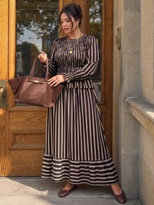 Lounesse Plus Size Striped Ruched Waist Blouse And Long Skirt 2 Pieces Set Brunch Evening Formal Chocolate Brown Autumn Elegant Casual Elegant - Multicolor - View 4
